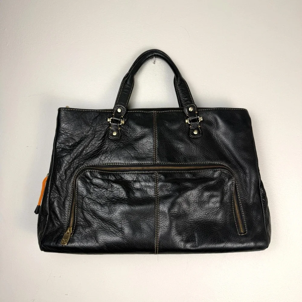 Liz Claiborne Briefcase Tote Bag Women's Black Leather Contrast Stitch Front Zip